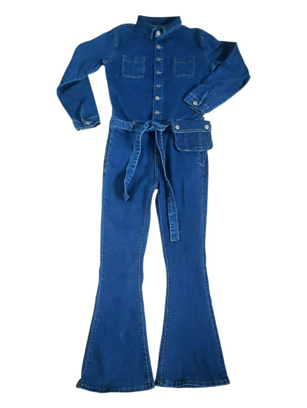 Denim Jumpsuit with Tie Belt - Deep Blue
